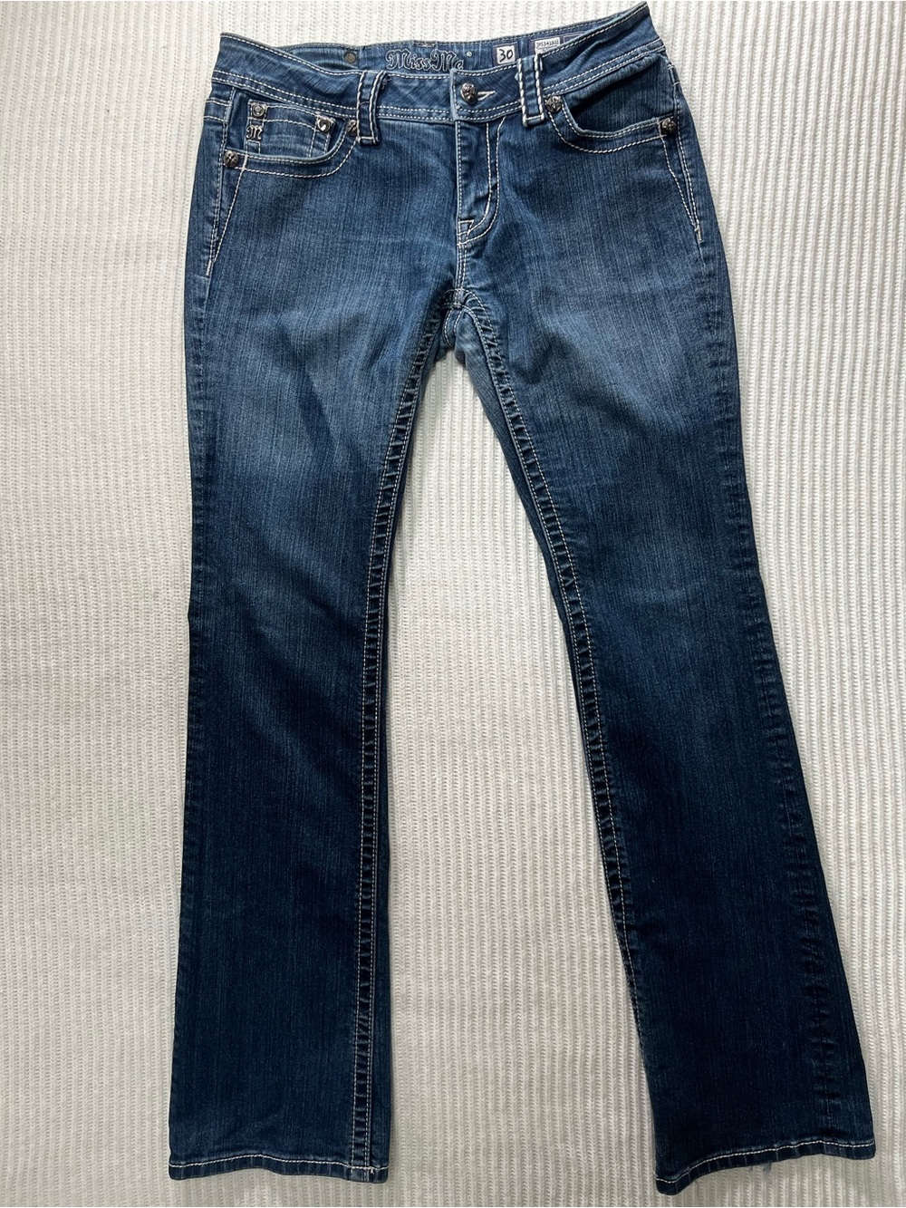 A-006 Miss Me Straight Leg Blue Jeans with Embroidered Back Pockets